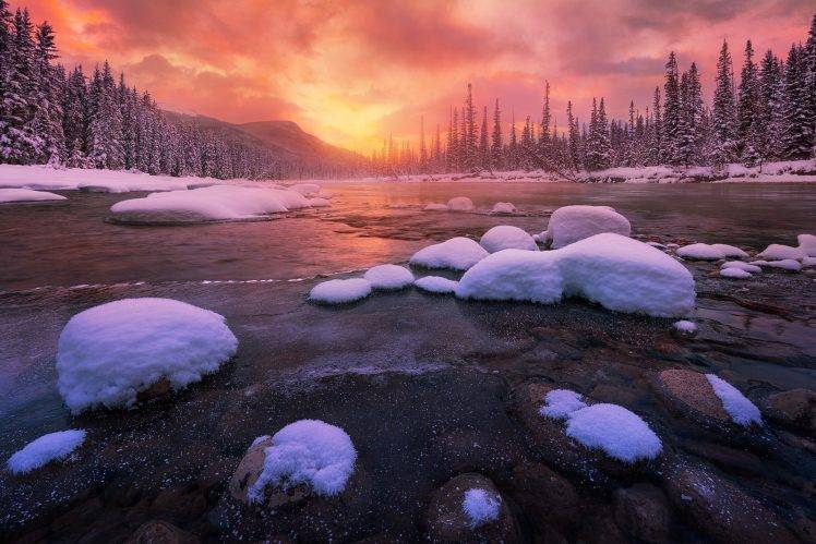 nature, Landscape, Winter, Sunrise, Forest, Snow, River, Cold, Mountain, Sky, Banff National Park, Canada HD Wallpaper Desktop Background