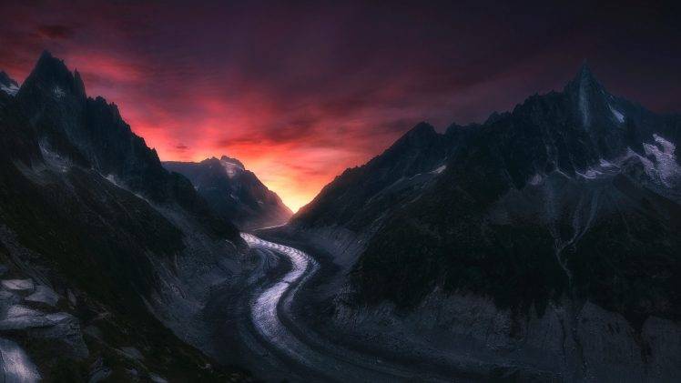 nature, Landscape, Glaciers, Mountain, Sunset, Alps, Sky, Clouds, France HD Wallpaper Desktop Background