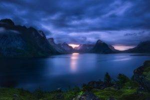 nature, Landscape, Sunset, Dark, Clouds, Mountain, Lake, Grass, Shrubs, Blue, Norway, Lofoten