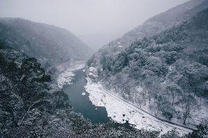 nature, Landscape, River, Winter, Mountain, Forest, Snow, Trees, Mist, Japan
