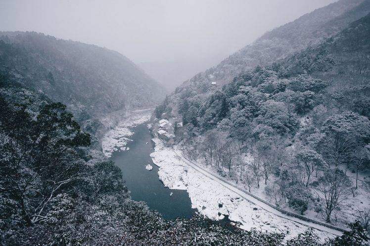 nature, Landscape, River, Winter, Mountain, Forest, Snow, Trees, Mist, Japan HD Wallpaper Desktop Background