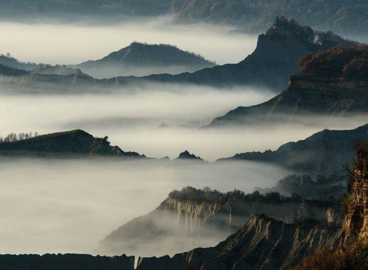 nature, Landscape, Mountain, Cliff, Mist, Morning, Daylight, Trees, Shrubs HD Wallpaper Desktop Background