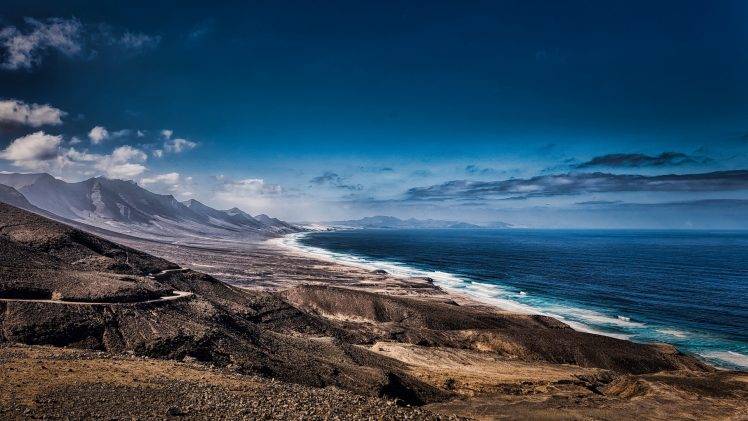 nature, Landscape, Beach, Sea, Mountain, Clouds, Dirt Road, Canary Islands, Spain HD Wallpaper Desktop Background