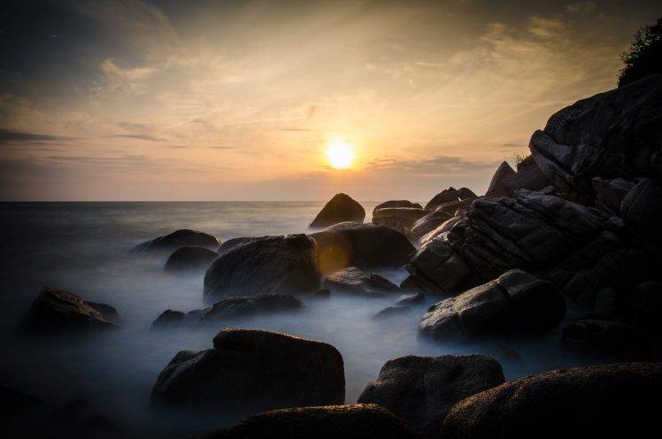 photography, Landscape, Sea, Water, Coast, Rock, Sunset HD Wallpaper Desktop Background
