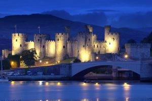 castle, Bridge, River, Evening, Lights, Artificial Lights, Landscape, Wales, UK