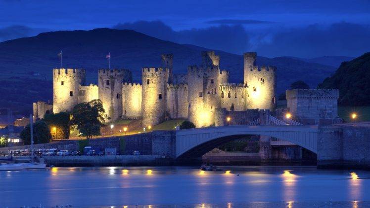 castle, Bridge, River, Evening, Lights, Artificial Lights, Landscape, Wales, UK HD Wallpaper Desktop Background