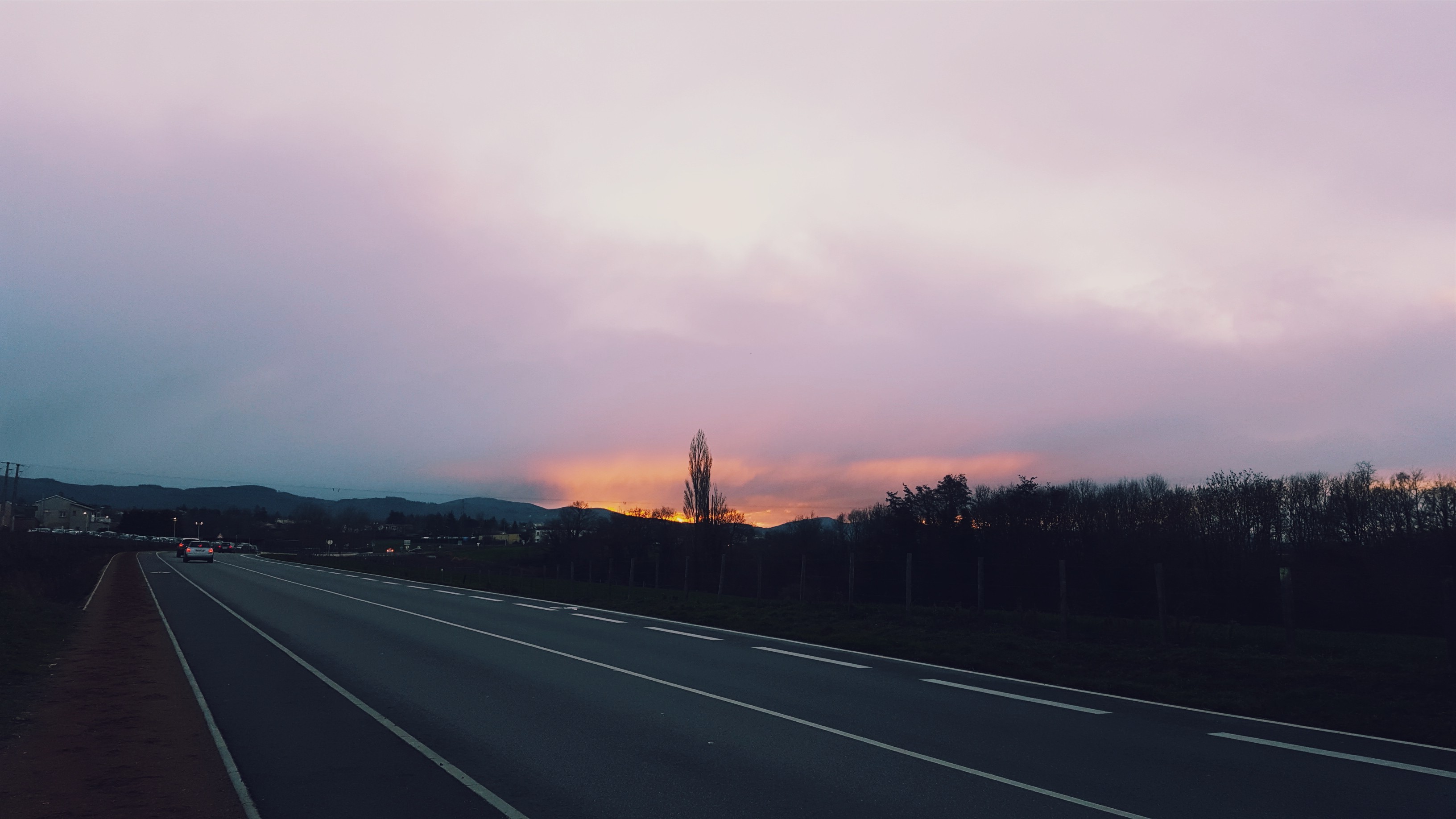 landscape, Sunset, Sky, Clouds, Road, Traffic, Nature, Trees, Mountain, Forest, France, Photography Wallpaper