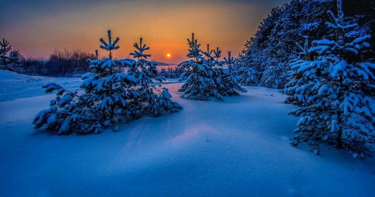 landscape, Snow, Winter, Trees, Nature, Sunset, Cold, Sea, Blue, Russia HD Wallpaper Desktop Background