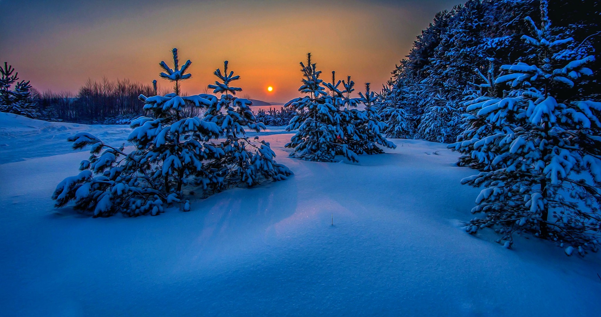 landscape, Snow, Winter, Trees, Nature, Sunset, Cold, Sea, Blue, Russia Wallpaper