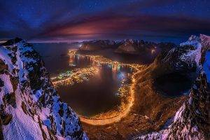 nature, Landscape, Winter, Cityscape, Lights, Mountain, Snow, Sea, Bay, Ports, Road, Lofoten Islands, Night, Norway