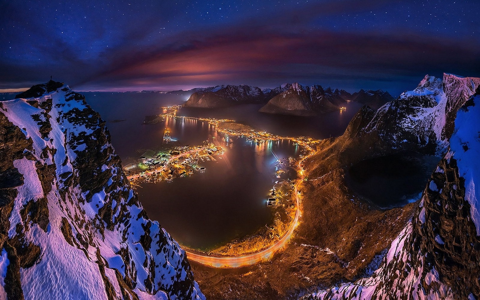 nature, Landscape, Winter, Cityscape, Lights, Mountain, Snow, Sea, Bay, Ports, Road, Lofoten Islands, Night, Norway Wallpaper