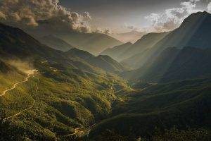 nature, Landscape, Sun Rays, Mountain, Valley, River, Mist, Clouds, Forest, Dirt Road, Vietnam