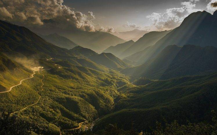 nature, Landscape, Sun Rays, Mountain, Valley, River, Mist, Clouds, Forest, Dirt Road, Vietnam HD Wallpaper Desktop Background
