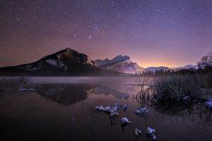 nature, Landscape, Cold, Winter, Starry Night, Frost, Lake, Mountain, Reflection, Banff National Park, Canada