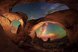 nature, Landscape, Milky Way, Starry Night, Desert, Rock, Erosion, Arches National Park, Utah, Long Exposure