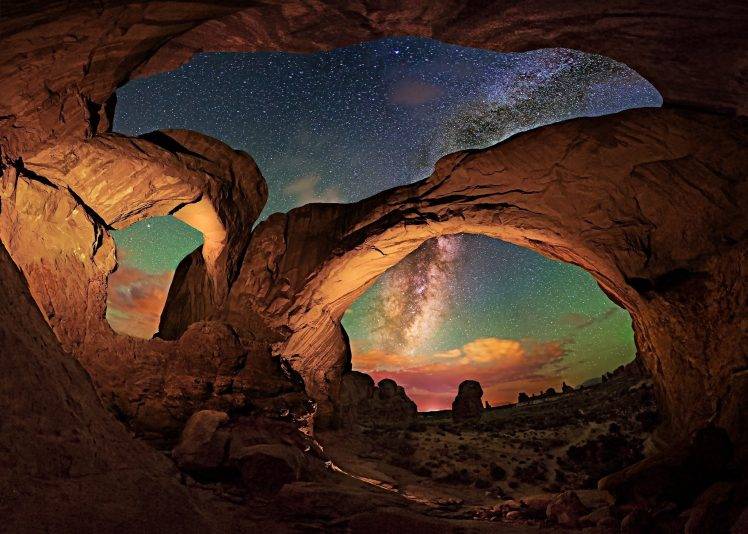 nature, Landscape, Milky Way, Starry Night, Desert, Rock, Erosion, Arches National Park, Utah, Long Exposure HD Wallpaper Desktop Background