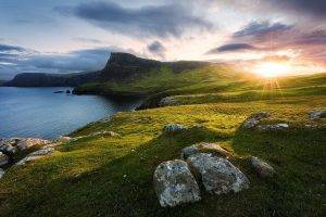 nature, Landscape, Sunrise, Coast, Sea, Grass, Hill, Cliff, Sun Rays, Sunlight, Clouds, Scotland