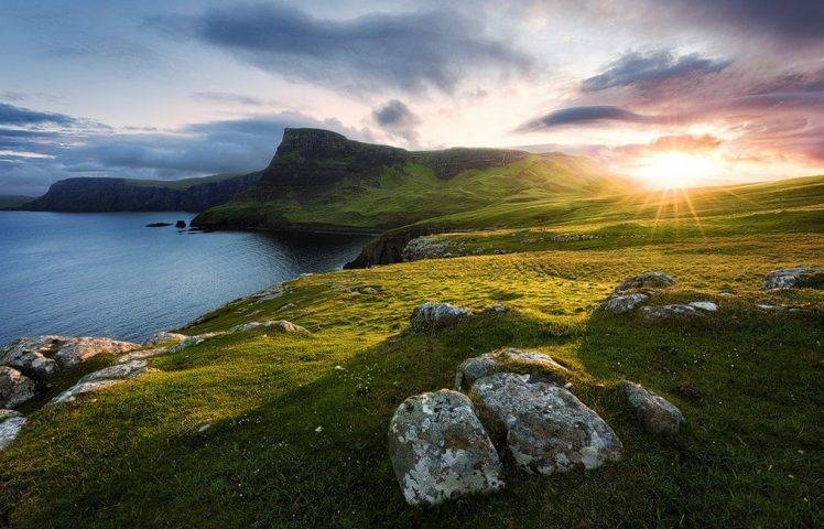 nature, Landscape, Sunrise, Coast, Sea, Grass, Hill, Cliff, Sun Rays, Sunlight, Clouds, Scotland HD Wallpaper Desktop Background