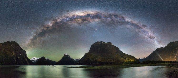 nature, Landscape, Panoramas, Mountain, Milky Way, Galaxy, Starry Night, Snowy Peak, Fjord, Milford Sound, New Zealand, Long Exposure HD Wallpaper Desktop Background