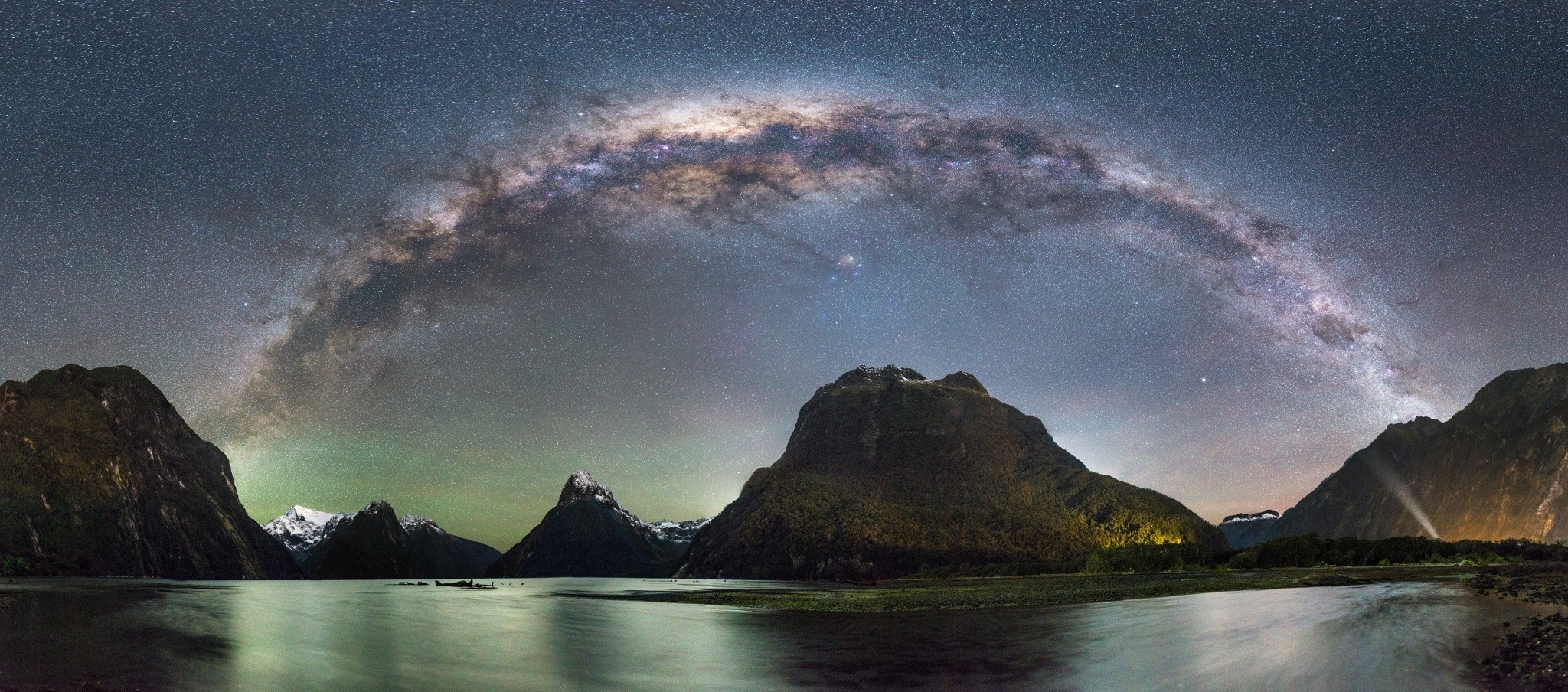 nature, Landscape, Panoramas, Mountain, Milky Way, Galaxy, Starry Night, Snowy Peak, Fjord, Milford Sound, New Zealand, Long Exposure Wallpaper