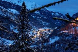 nature, Landscape, Trees, Forest, Pine Trees, Mountain, Switzerland, Swiss Alps, Valley, Winter, Snow, Evening, Lights, Village, House