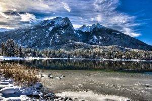 nature, Landscape, Trees, Forest, Pine Trees, Mountain, Lake, Winter, Snow, Snowy Peak, Plants, Reflection, Clouds