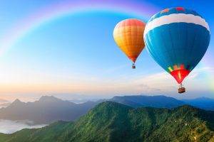 hot Air Balloons, Sky, Rainbows, Mountain, Nature, Landscape