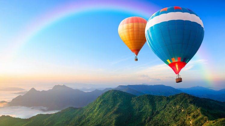 hot Air Balloons, Sky, Rainbows, Mountain, Nature, Landscape HD Wallpaper Desktop Background