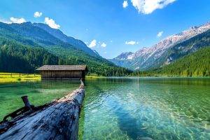 lake, Nature, Boathouses, Mountain, Landscape, Log, Summer, Forest, Daylight, Water, Austria