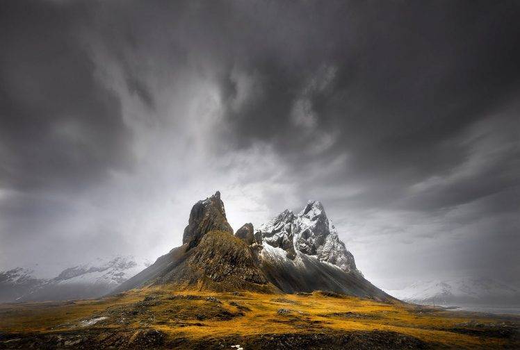 mountain, Winter, Snowy Peak, Nature, Landscape, Dark, Clouds, Cold, Iceland HD Wallpaper Desktop Background
