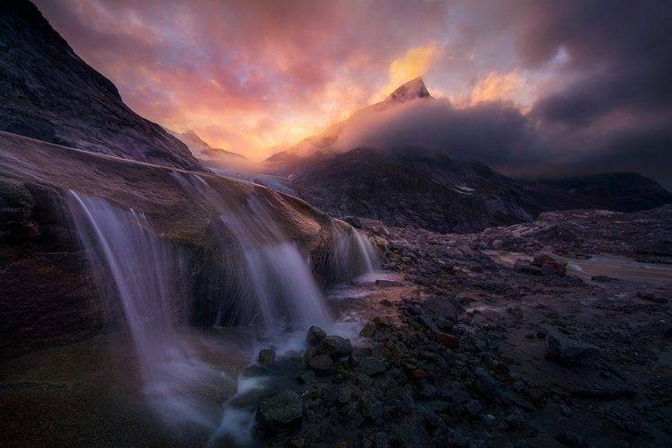 landscape, Nature, Mountain, Waterfall, Sunrise, Clouds, Long Exposure, Alaska HD Wallpaper Desktop Background