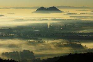 landscape, Nature, Mist, Sunrise, Valley, Hill, Sun Rays, Factory, Smoke, Town, Trees, Slovenia