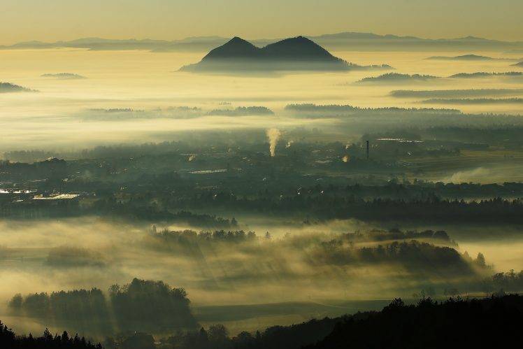 landscape, Nature, Mist, Sunrise, Valley, Hill, Sun Rays, Factory, Smoke, Town, Trees, Slovenia HD Wallpaper Desktop Background