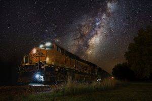 train, Night, Lights, Milky Way, Landscape, Nature, Galaxy, Railway, Stars, Grass, Shrubs, Long Exposure, Machine, Technology, South Dakota