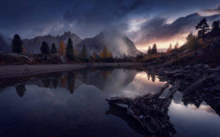 nature, Landscape, Fall, Sunset, Mountain, Lake, Reflection, Trees, Clouds, Italy HD Wallpaper Desktop Background