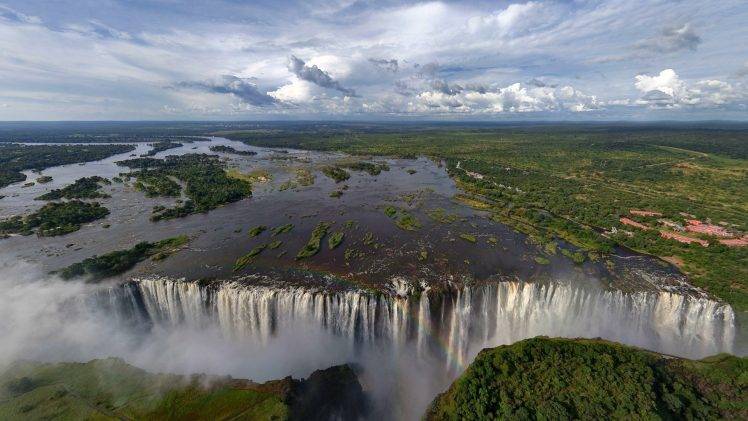 lake, Waterfall, Trees, Landscape, Zambezi River, Victoria Falls HD Wallpaper Desktop Background