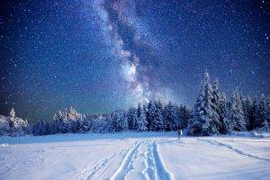 landscape, Night, Winter, Snow