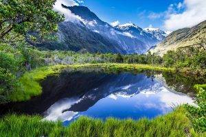 nature, Landscape, Summer, Lake, Reflection, Mountain, Grass, Forest, Snowy Peak, Clouds, New Zealand