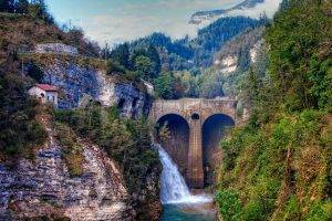 architecture, Bridge, Nature, Landscape, Waterfall, Trees, Forest, Rock, Mountain, Clouds, Mist, Pine Trees, House