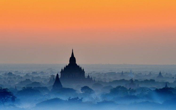 nature, Landscape, Bagan, Sunrise, Temple, Mist, Blue, Trees, Amber, Sky, Buddhism, Myanmar HD Wallpaper Desktop Background