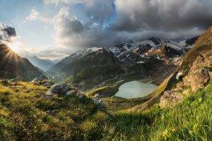 nature, Landscape, Sunset, Mountain, Sun Rays, Lake, Grass, Snowy Peak, Clouds, Alps, Switzerland