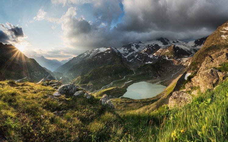 nature, Landscape, Sunset, Mountain, Sun Rays, Lake, Grass, Snowy Peak, Clouds, Alps, Switzerland HD Wallpaper Desktop Background