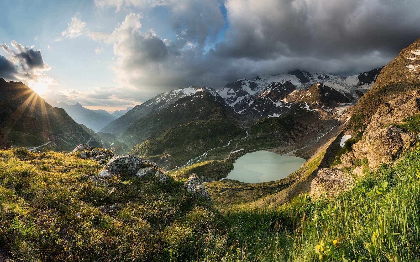 nature, Landscape, Sunset, Mountain, Sun Rays, Lake, Grass, Snowy Peak, Clouds, Alps, Switzerland Wallpaper