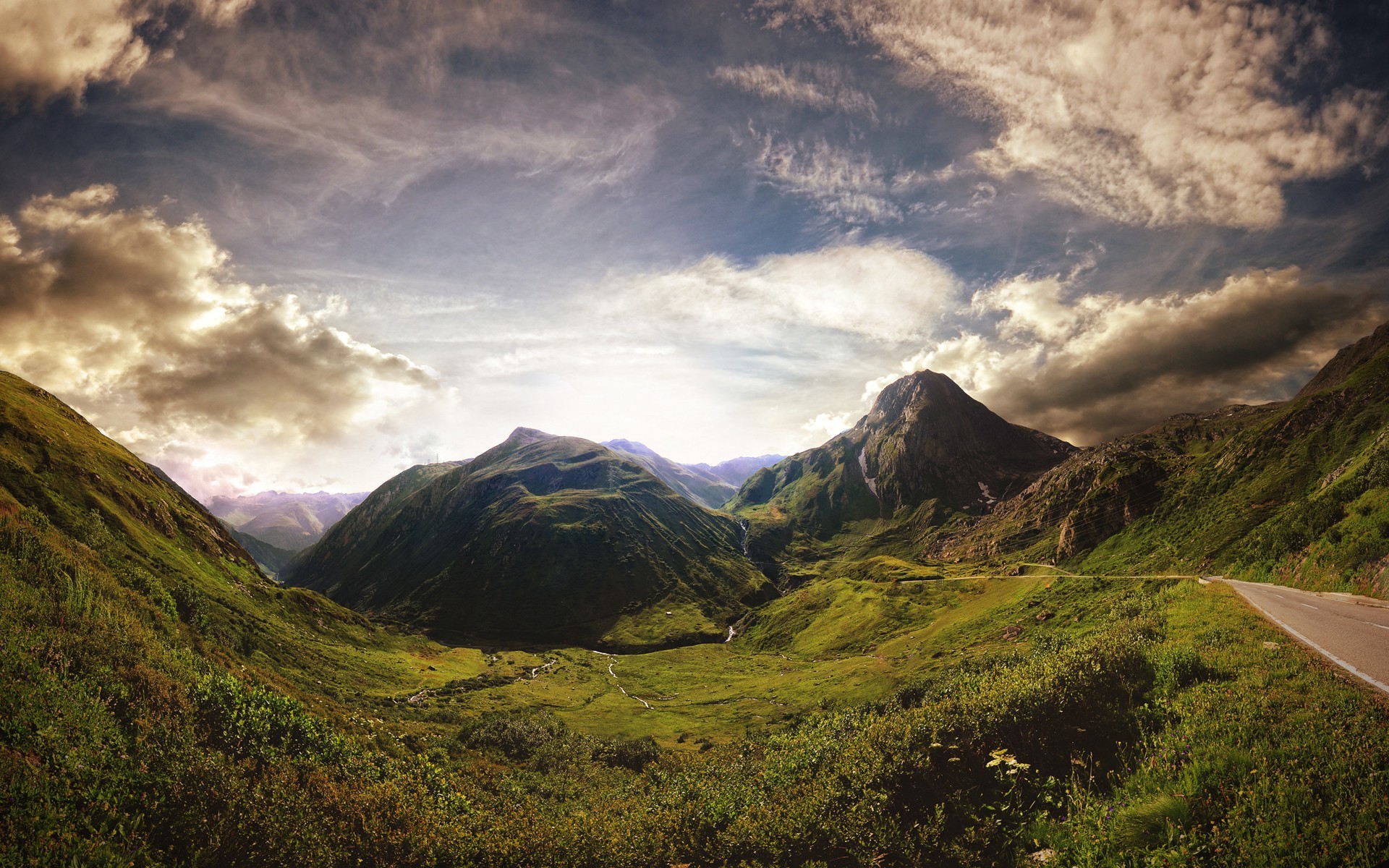 mountain, Nature, Clouds, Road, Grass, Sky, Mountain Pass, River, Sunset, Landscape Wallpaper