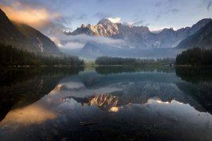nature, Landscape, Mist, Lake, Mountain, Clouds, Forest, Water, Reflection, Sunrise, Italy