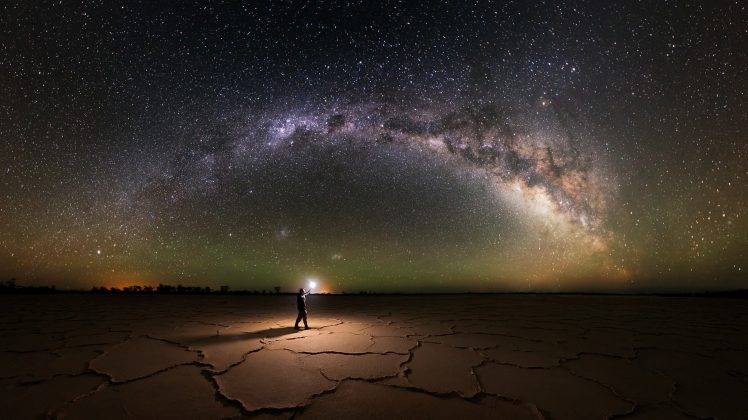 nature, Landscape, Salt Lakes, Milky Way, Starry Night, Explorer, Lantern, Lights, Galaxy, Long Exposure, Australia HD Wallpaper Desktop Background