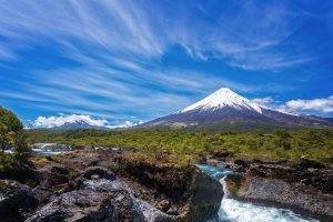 nature, Landscape, Volcano, Mountain, Snowy Peak, River, Forest, Clouds, Rapids, Chile
