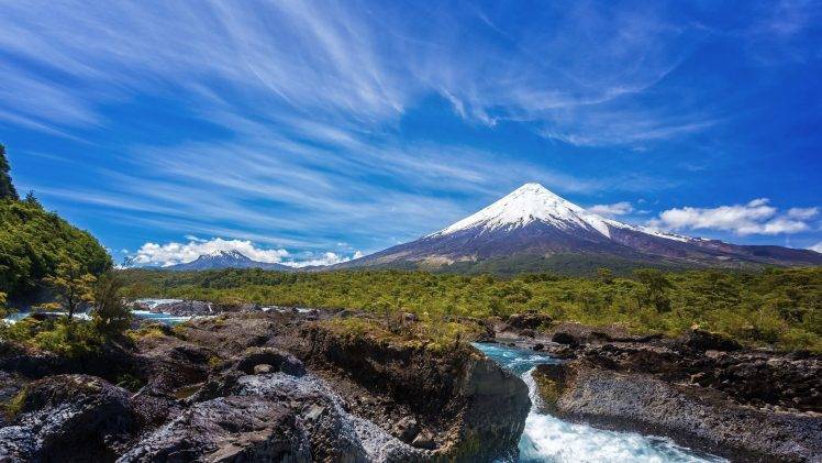 nature, Landscape, Volcano, Mountain, Snowy Peak, River, Forest, Clouds, Rapids, Chile HD Wallpaper Desktop Background