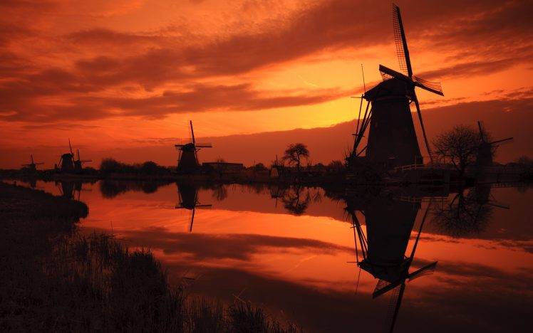 sunlight, Landscape, Windmills, Silhouette, Reflection, Sunset HD Wallpaper Desktop Background