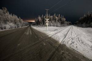railway Crossing, Night, Landscape, Road, Snow, Trees